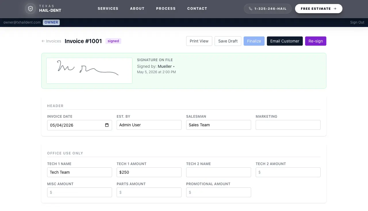 Client signature capture — collected on the Signed state transition