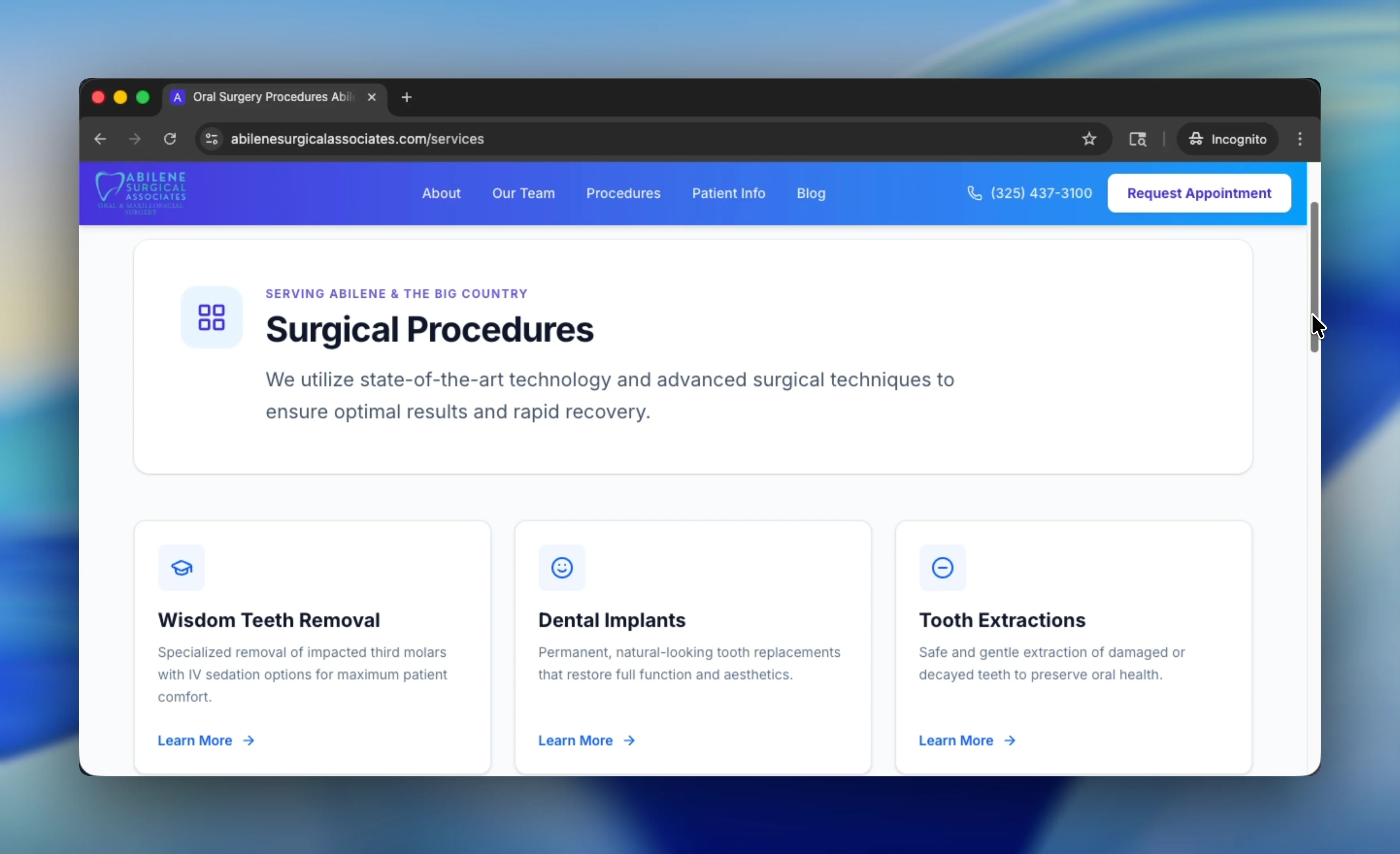 Services grid — one card per procedure, one link per intent